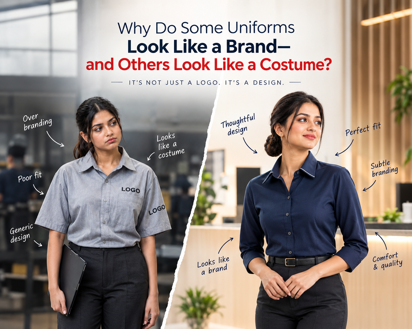 Professional uniform design showing the difference between a branded uniform and a costume-like uniform